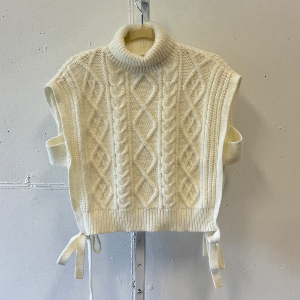 Cider Cable Knit Turtleneck Sweater Vest Ivory White Tie Side Cropped Medium